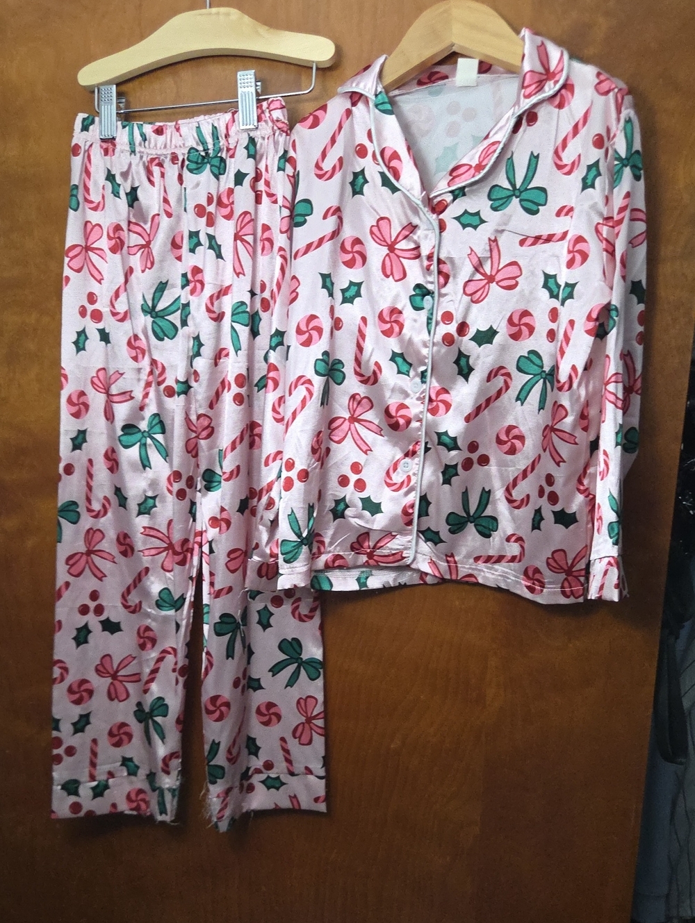 Kids Pink Candy Cane & Holly Pajama Set